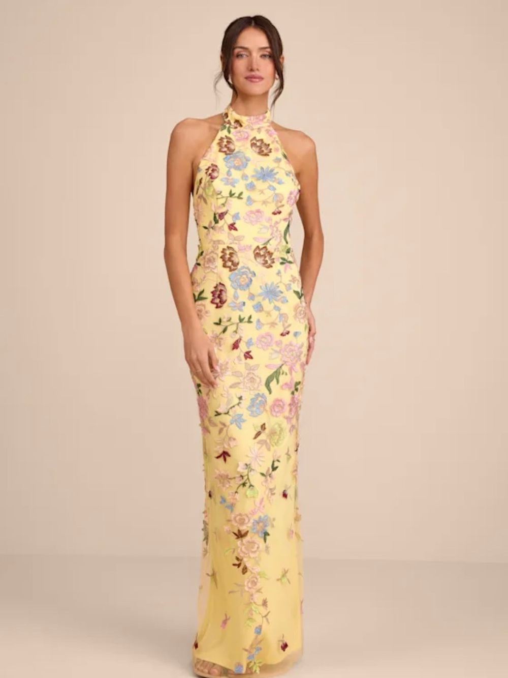 Lulus Infinite Praise Yellow 3D Floral Embroidered Halter Maxi Dress size small